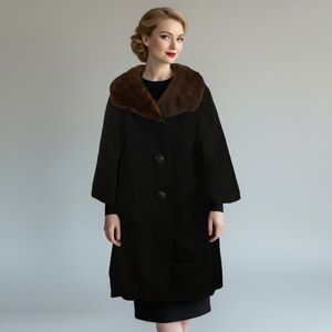 Vintage Forstmann 50's Black Wool Mink Fur Collar Pea Coat grunge penny lane